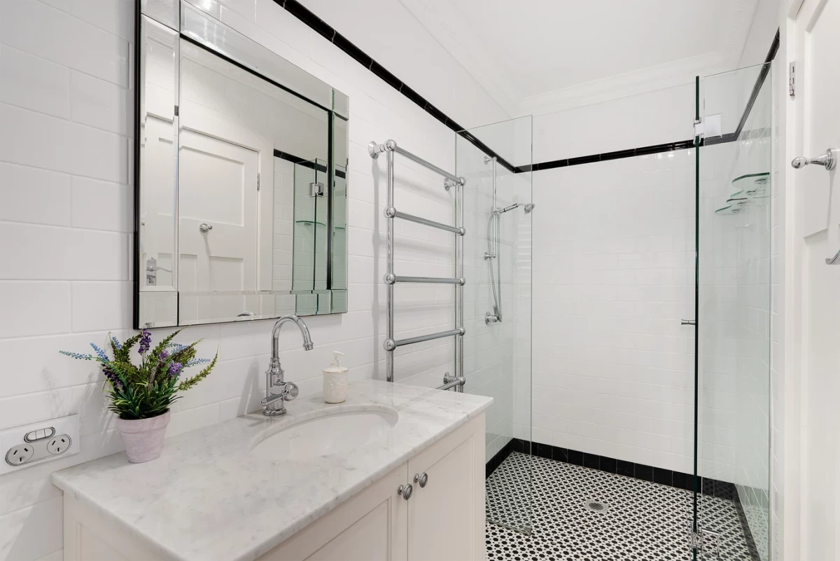 Modern bathroom with a glass shower and stylish tiling - 10/20 Musgrave Street Mosman, NSW 2088