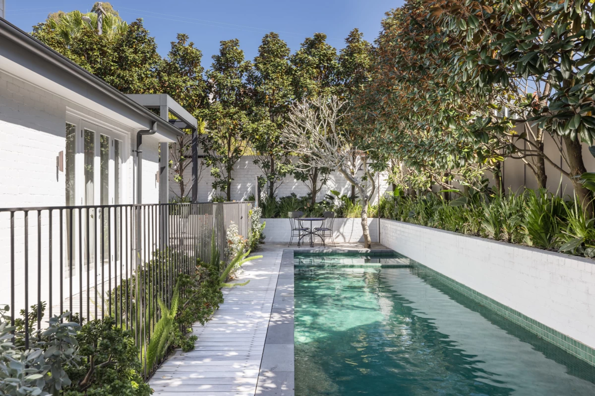 Backyard with long swimming pool and seating area - 10 Redan Street, Mosman, NSW 2088