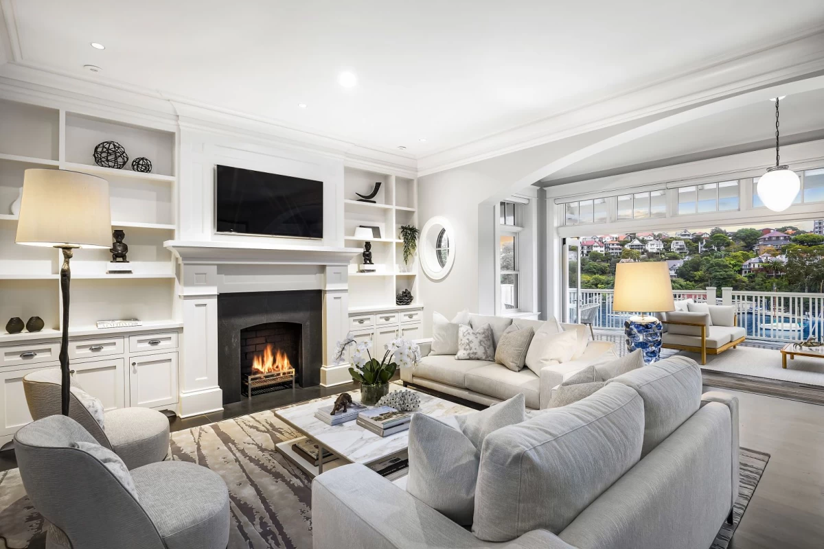 Spacious living room with fireplace and views - 12 Musgrave Street Mosman NSW 2088