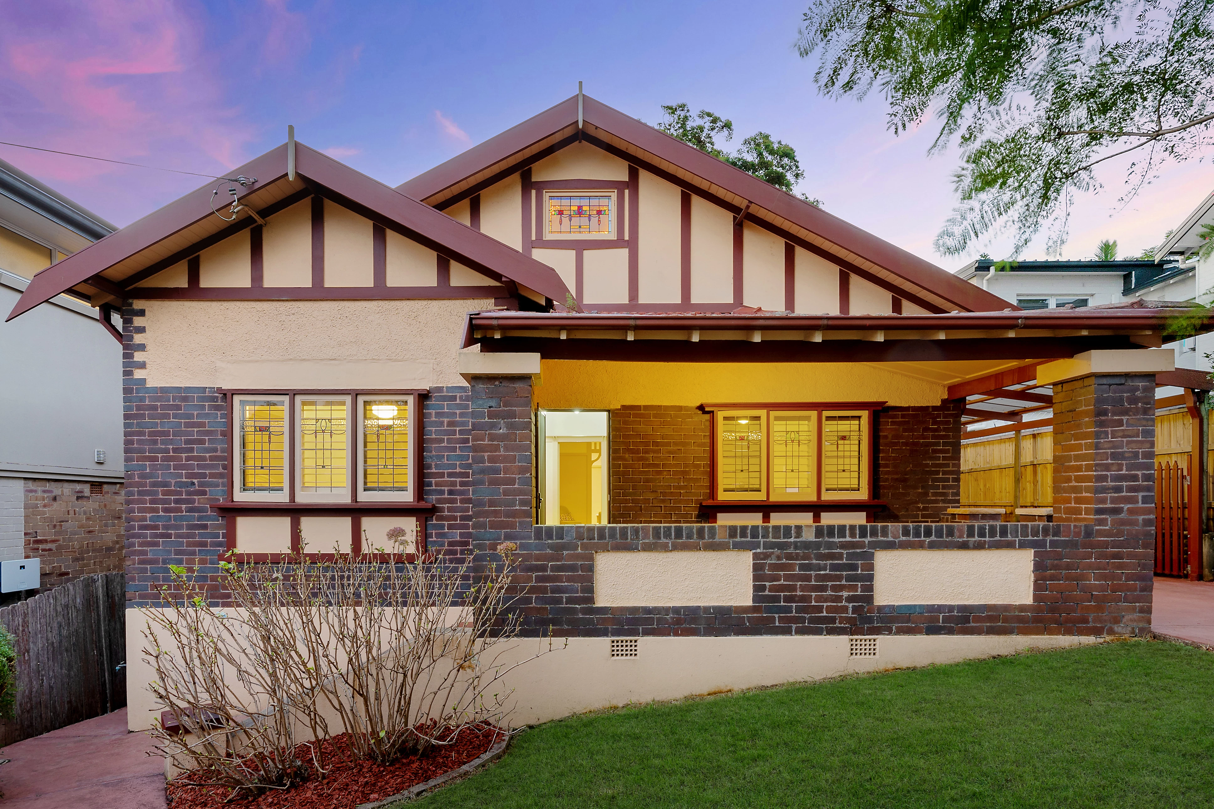 Quaint house front with a covered porch and a mix of brick and paint - 13 Allison Avenue, Lane Cove, NSW 2066