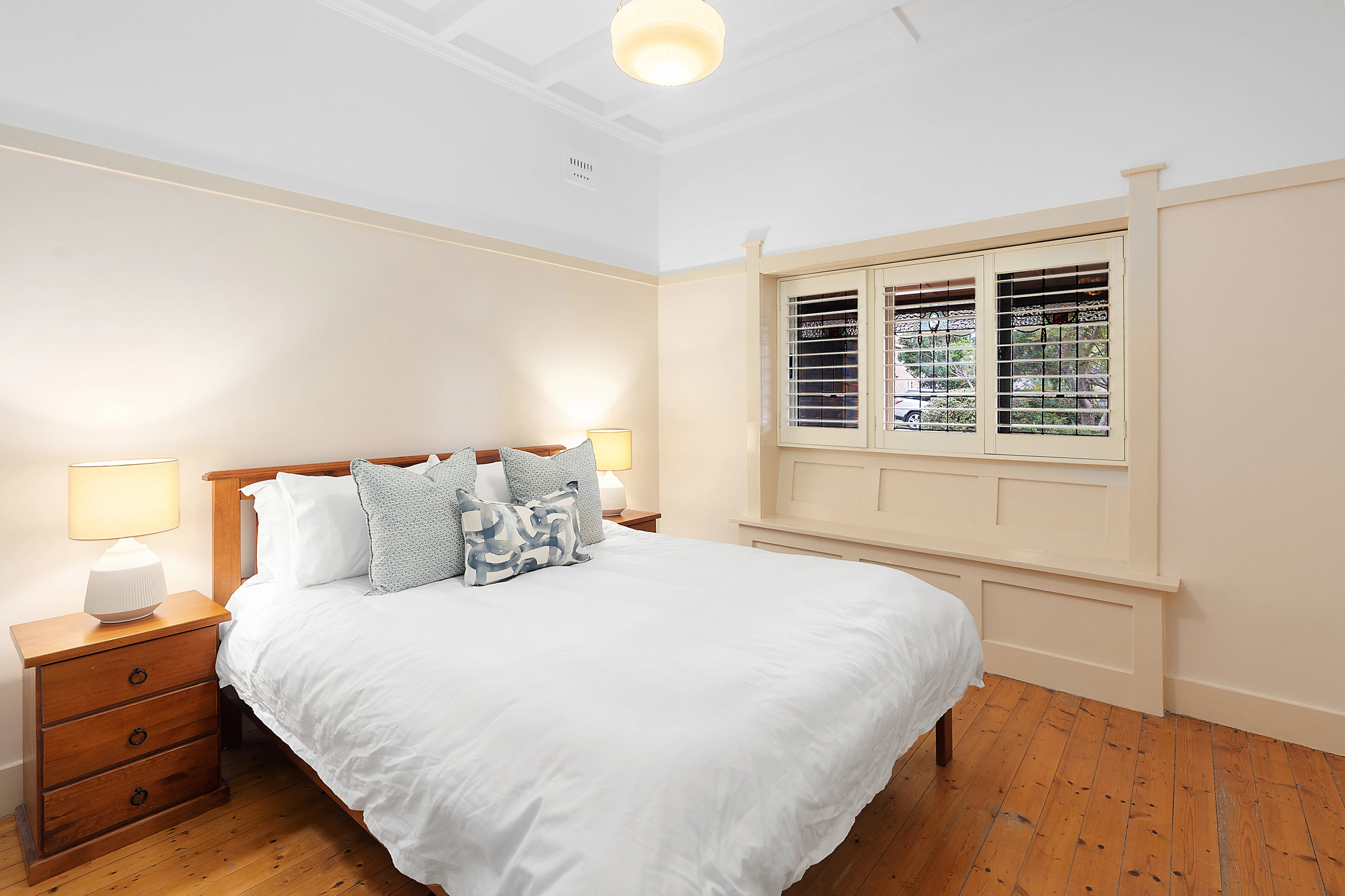 Bright bedroom with wood floors and large windows - 13 Allison Avenue, Lane Cove, NSW 2066