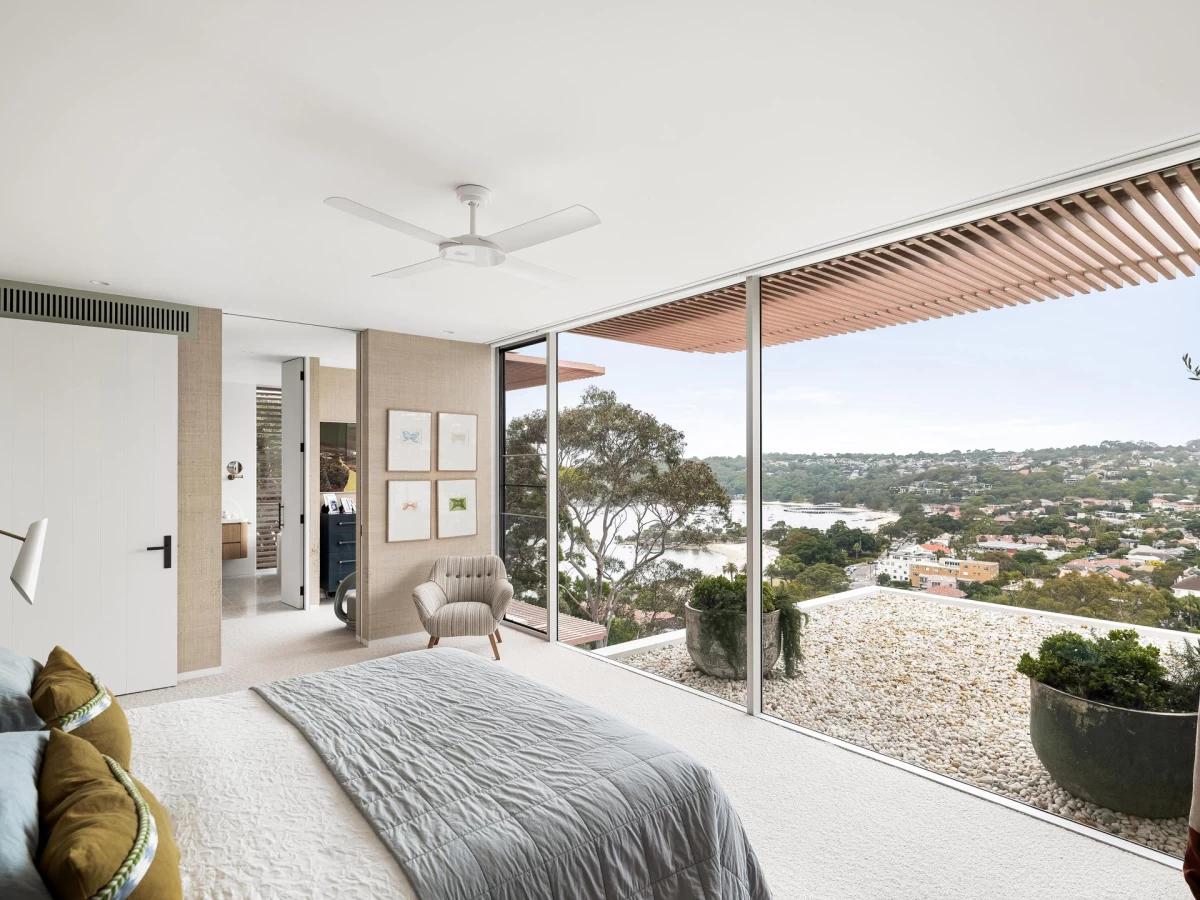 Bedroom with large windows and beautiful view - 1C Kirkoswald Avenue, Mosman, NSW 2088