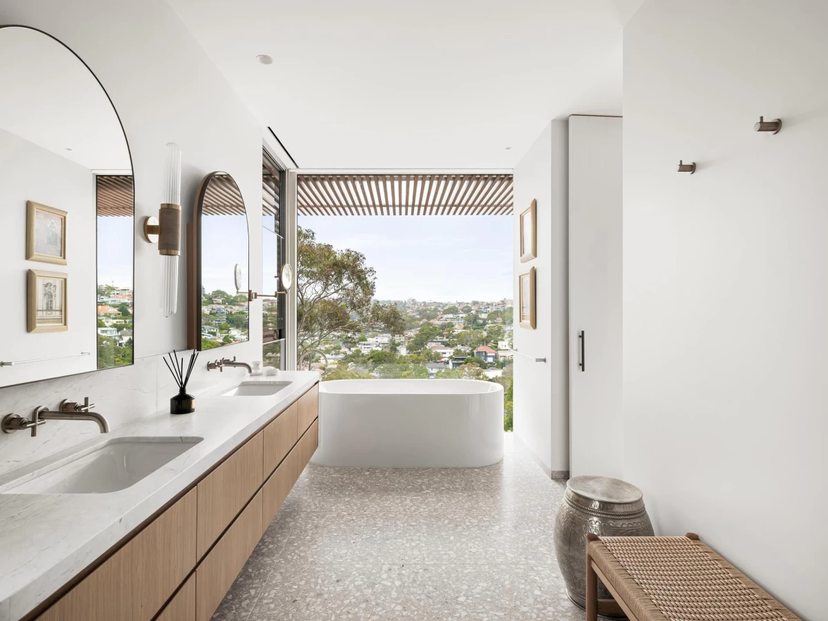 Modern bathroom with dual sinks and tub - 1C Kirkoswald Avenue, Mosman, NSW 2088