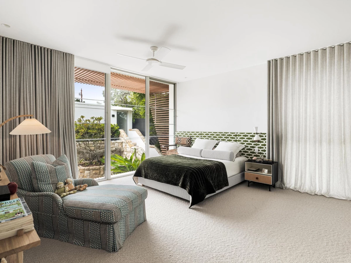 Bedroom with glass doors, leading outside, and chair - 1C Kirkoswald Avenue, Mosman, NSW 2088