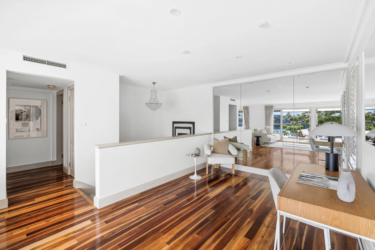 Bright hallway with mirrors and a small study nook - 20A Euryalus Street, Mosman, NSW 2088