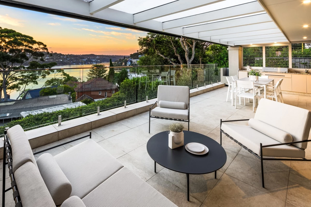 Outdoor area with seating, glass railing, and beautiful views of the bay - 20A Euryalus Street, Mosman, NSW 2088