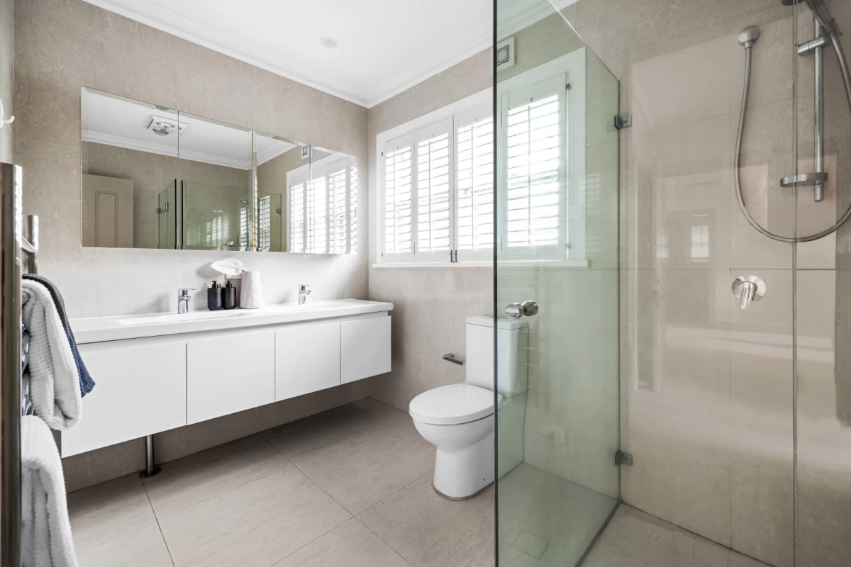 Spacious bathroom with big glass shower and double sinks - 20A Euryalus Street, Mosman, NSW 2088