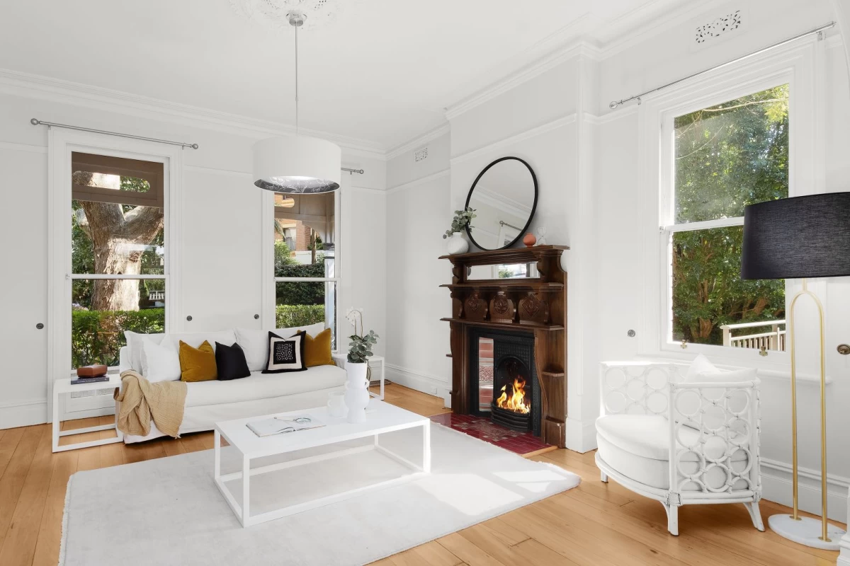 Bright living room with fireplace and large windows - 248 Longueville Road, Lane Cove, NSW 2066