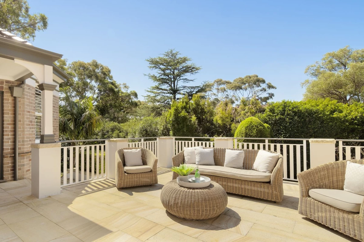 Large balcony with ample seating and views of the garden - 248 Longueville Road, Lane Cove, NSW 2066