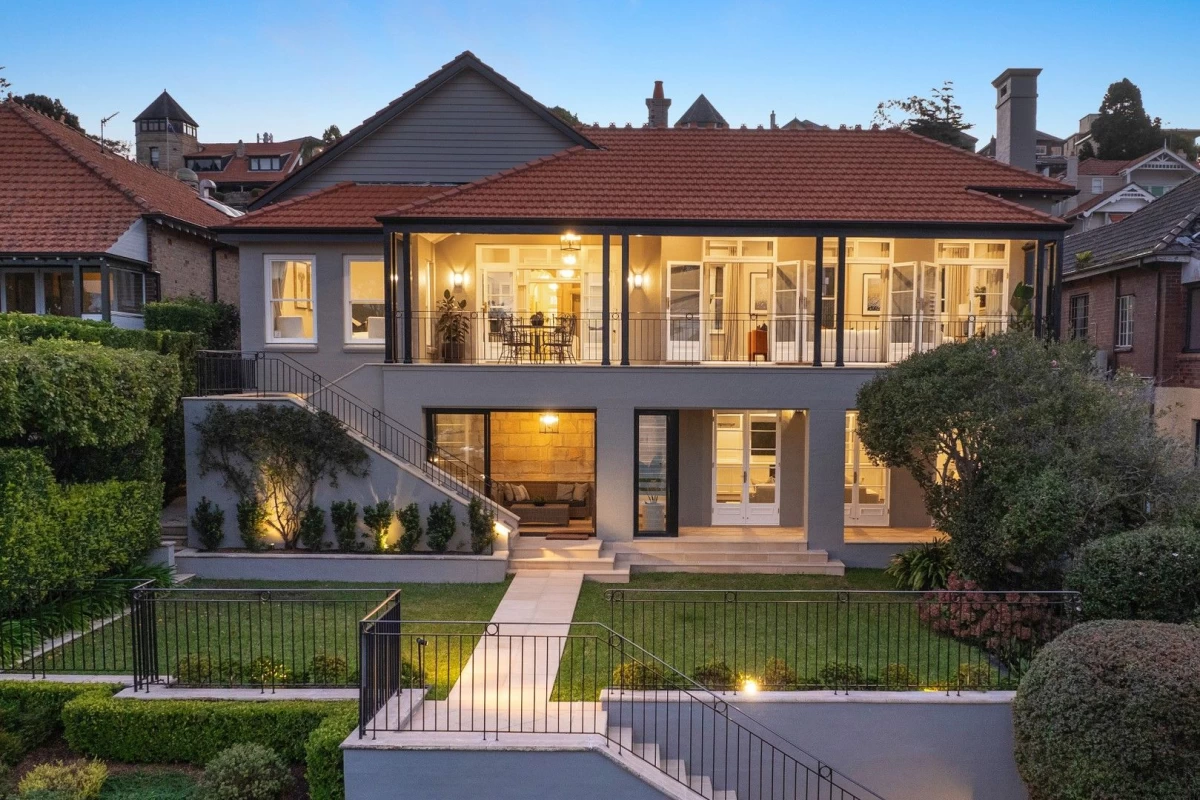 Elegant house exterior with large garden and well-lit pathway - 3 Little Street, Mosman, NSW 2088