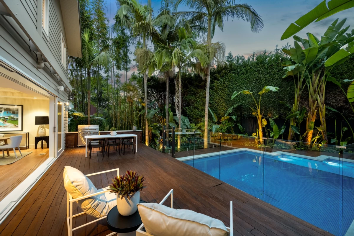 Spacious outdoor pool area with deck, palm trees, and a barbecue zone - 30 Lower Almora Street, Mosman, NSW 2088