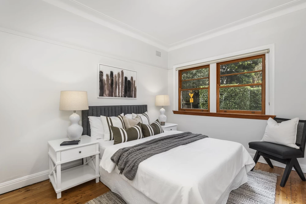 Bright bedroom with wooden floors and large windows - 45 Bridge Street, Lane Cove, NSW 2066