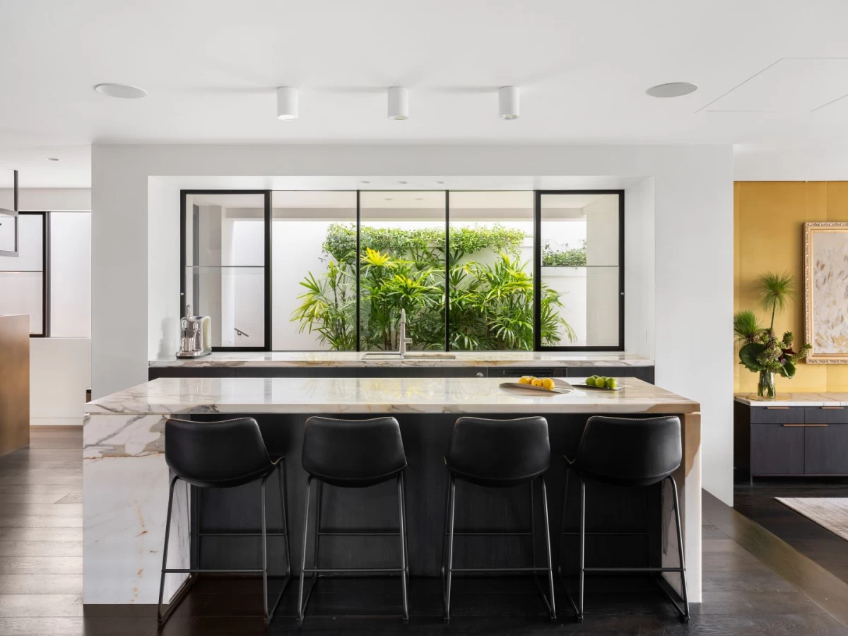 A modern kitchen with a central island and large window looking onto greenery - 46 The Grove, Mosman, NSW 2088