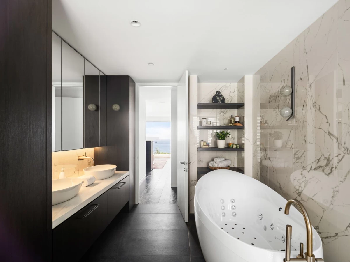 Modern bathroom with double sinks and a big bathtub for relaxation - 46 The Grove, Mosman, NSW 2088