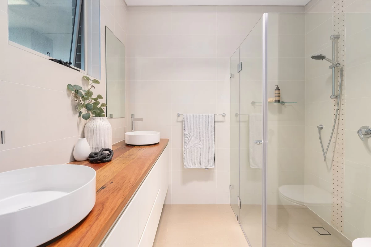 Modern bathroom with two sinks and glass-door shower - 5/36-38 Austin Street, Lane Cove, NSW 2066