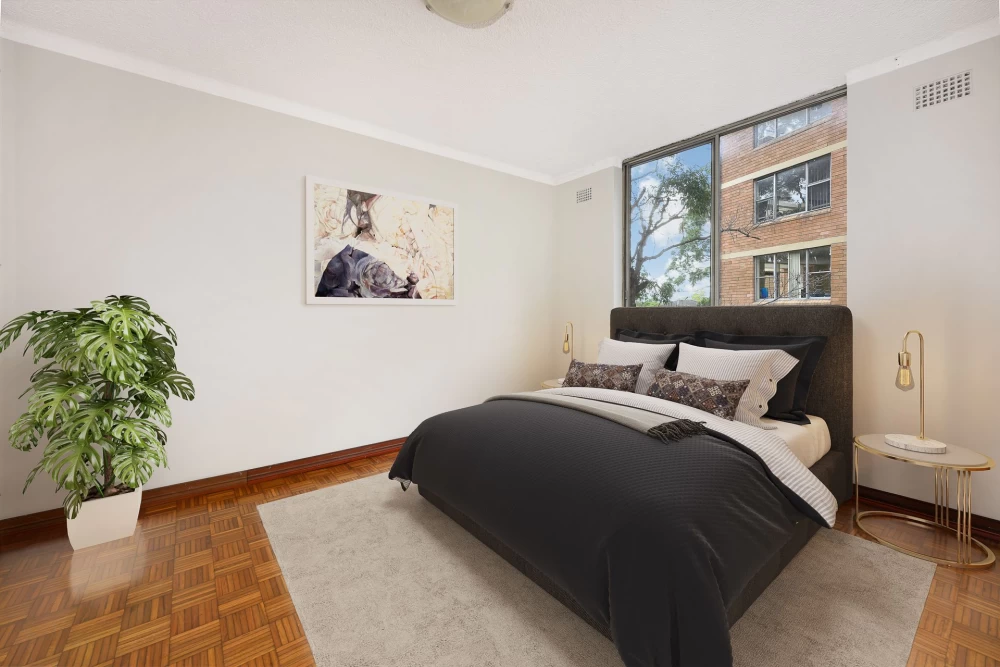 Comfortable bedroom with large windows and neutral colours - 5/404 Mowbray Road, Lane Cove, NSW 2066