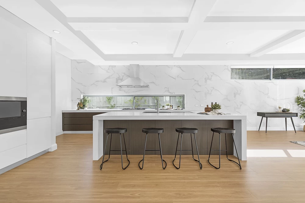 Bright kitchen with island bench and stools - 5 Cope Street, Lane Cove, NSW 2066