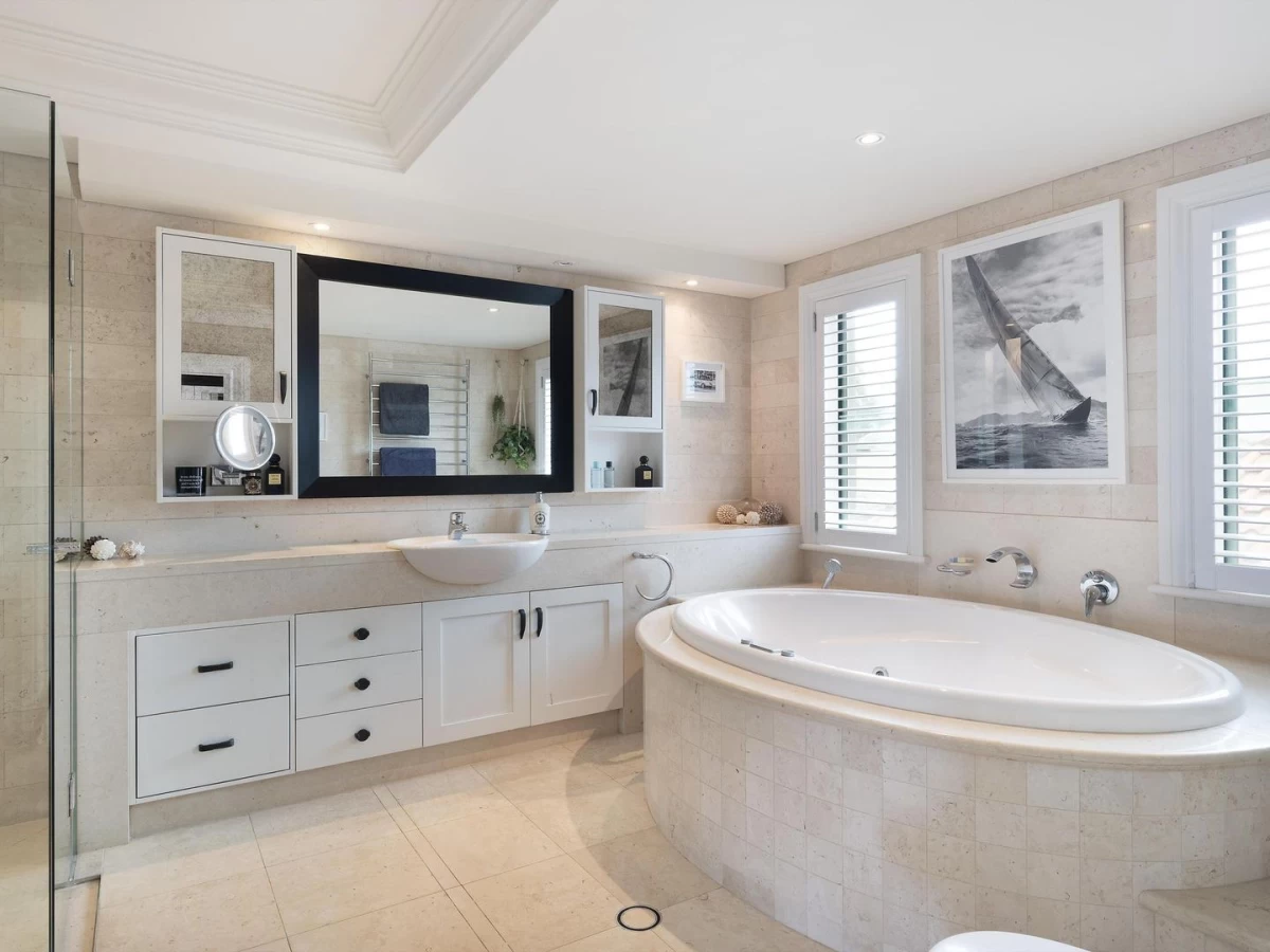 Bright bathroom with a large tub, shower, and lots of storage - 8 Burran Avenue, Mosman, NSW 2088