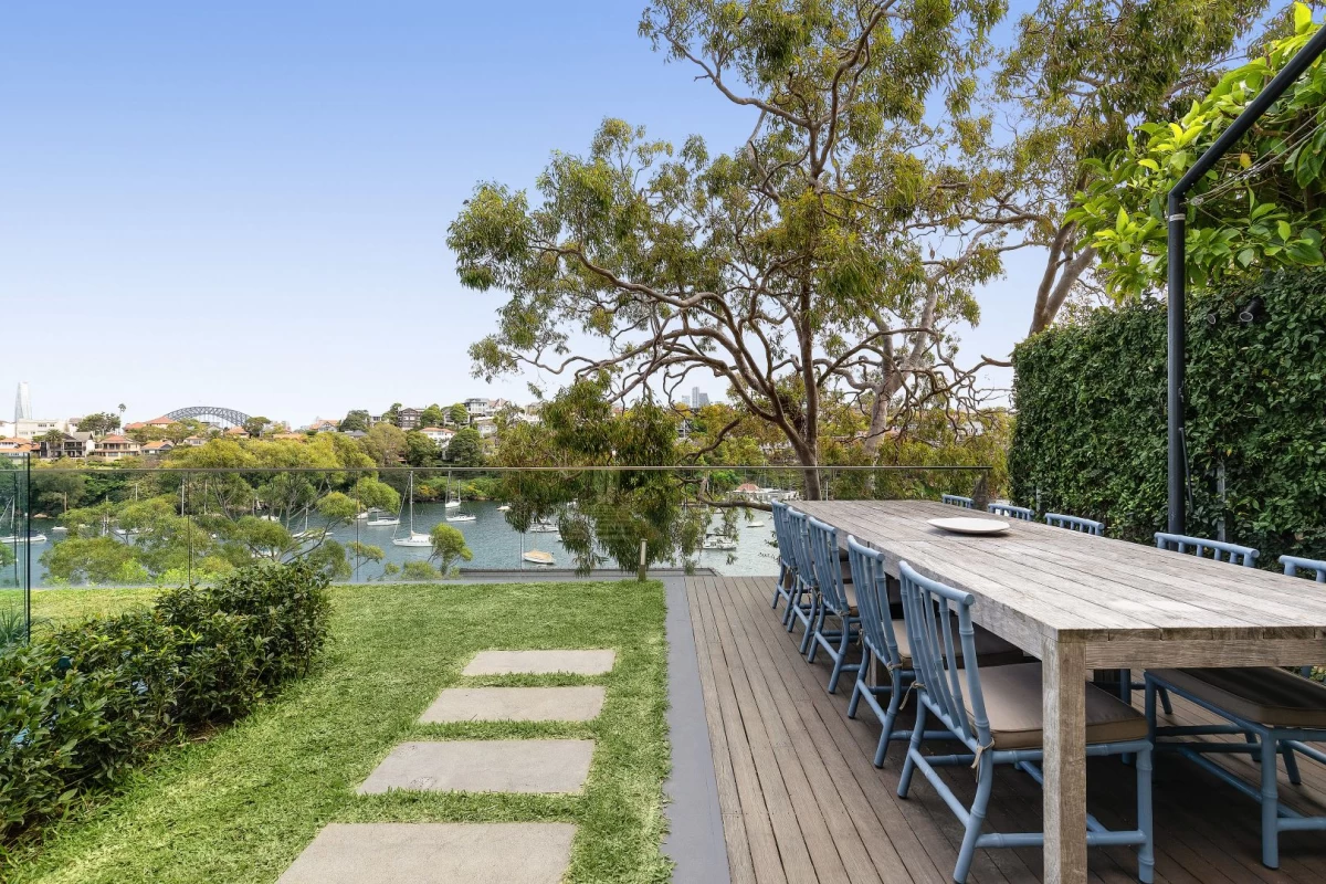 Outdoor dining area with a large table and river view - 9 Musgrave Street, Mosman, NSW 2088