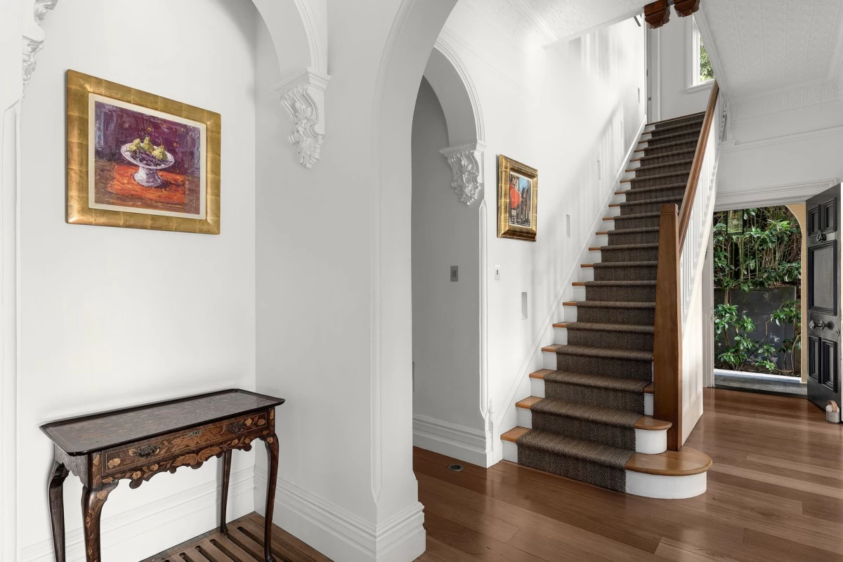 Elegant entrance hallway with high ceilings and stairs - 9 Musgrave Street, Mosman, NSW 2088