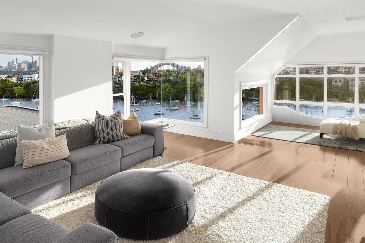 Spacious, well-lit living room with large windows and stunning water views - 9 Musgrave Street, Mosman, NSW 2088