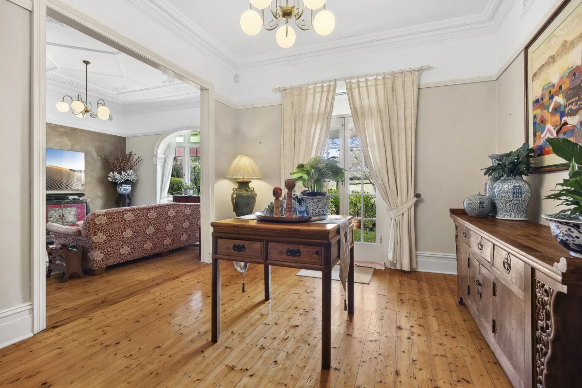 Wide hallway with wooden floors and French doors to the garden - 98 Raglan Street, Mosman, NSW 2088